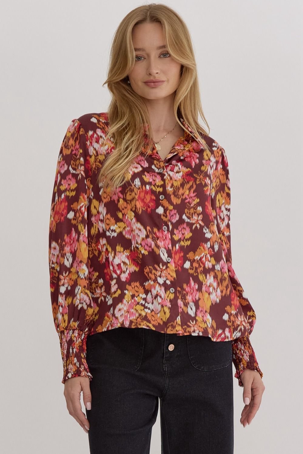 Satin Floral Button Up