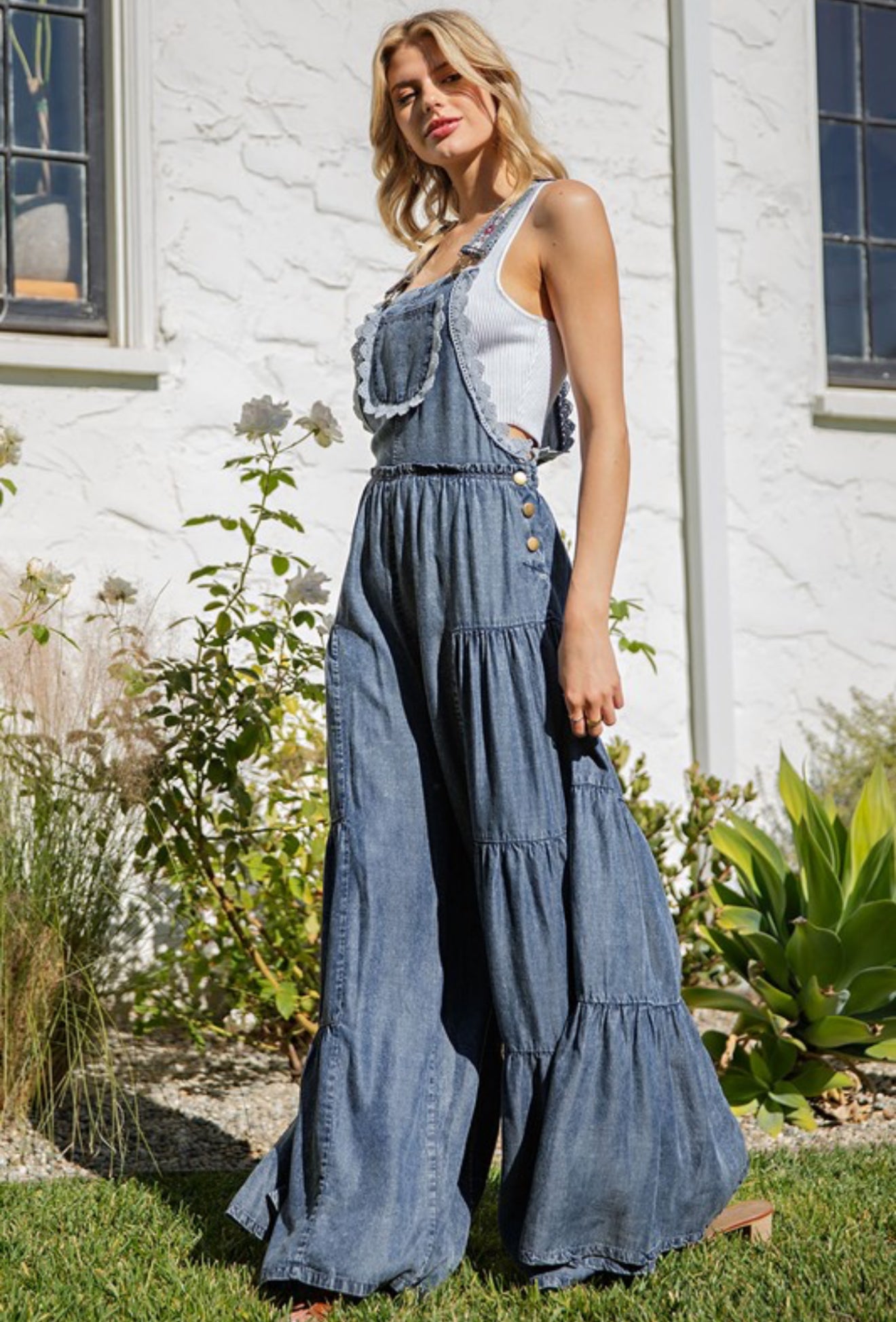 Lace Trim Denim Jumpsuit