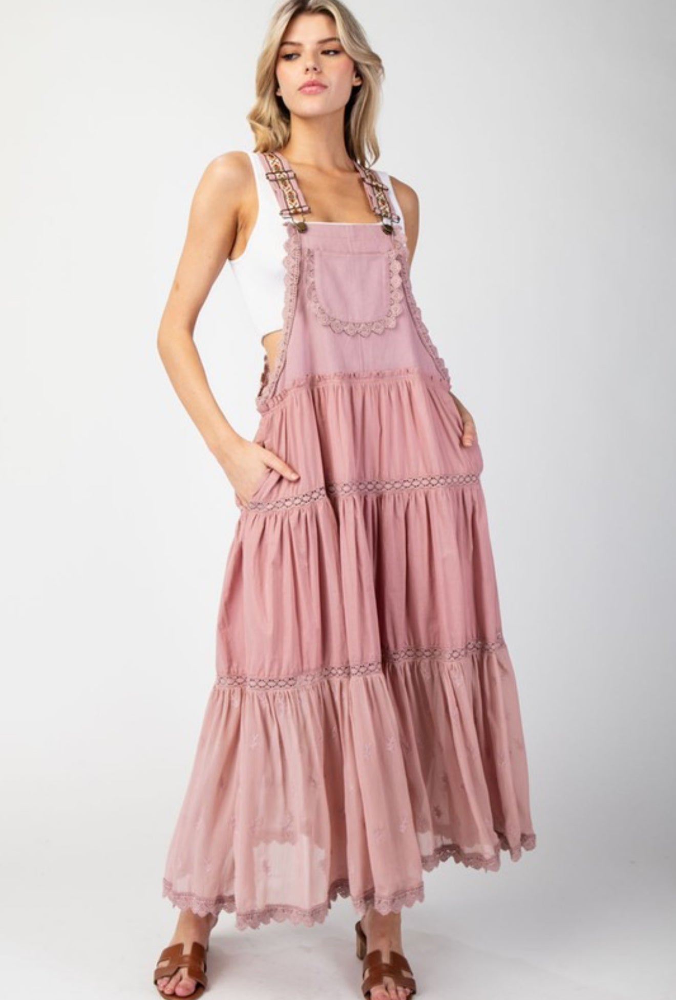 Lace Trim Overall Maxi Dress