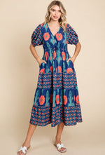 Print Drawstring Midi Dress