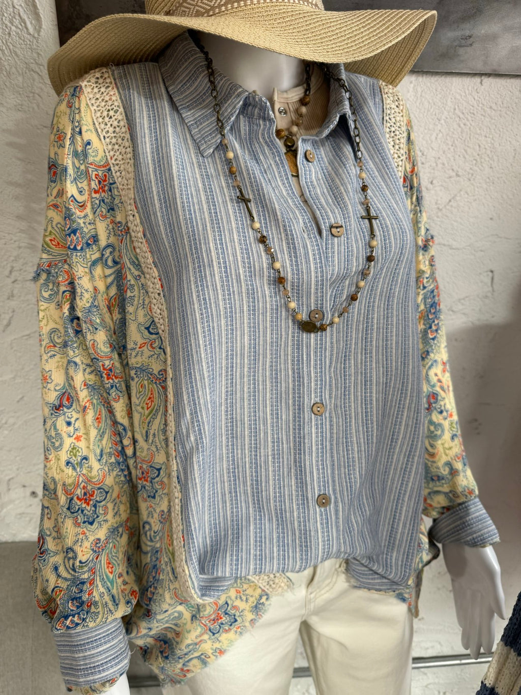 Mixed Fabric Button Down