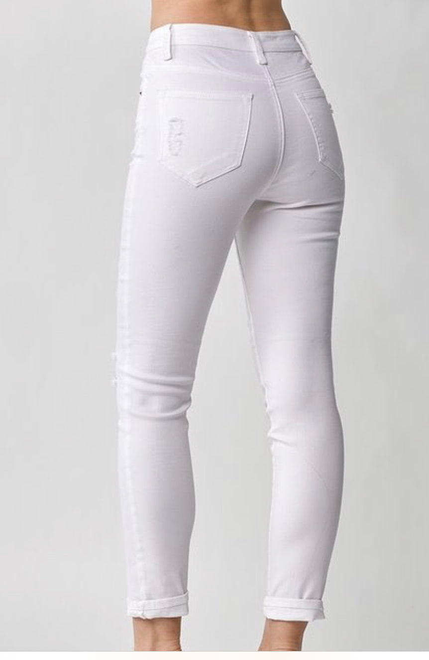 Risen White Distressed Ankle Skinny Jeans