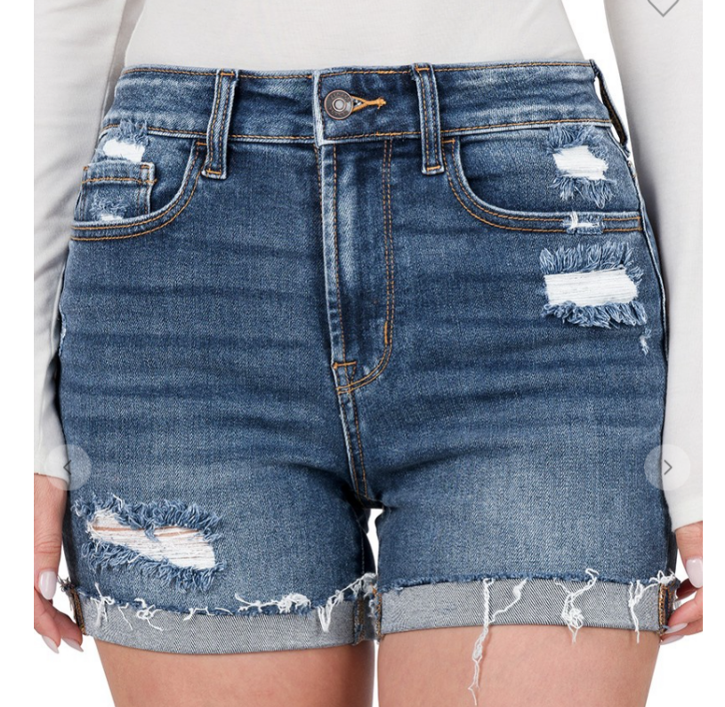 Distressed Shorts with Rolled Cuffed HEM