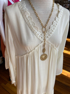 Semi Sheer V-neck 3/4 Bell Sleeve Dress