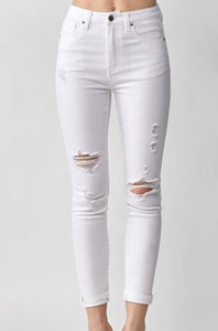 Risen White Distressed Ankle Skinny Jeans